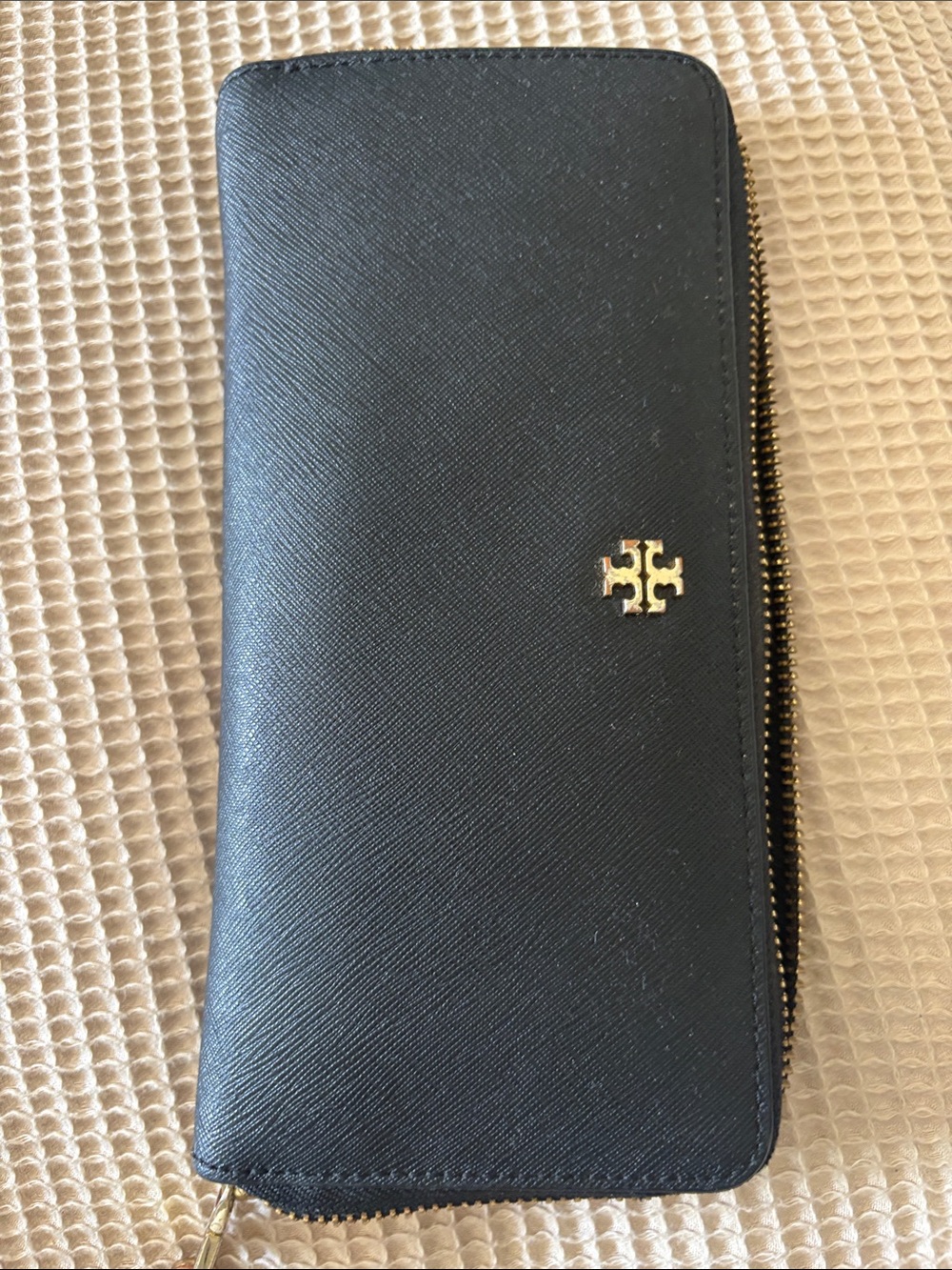 Tory Burch Black Saffiano Zip-Around Wallet with Gold Logo